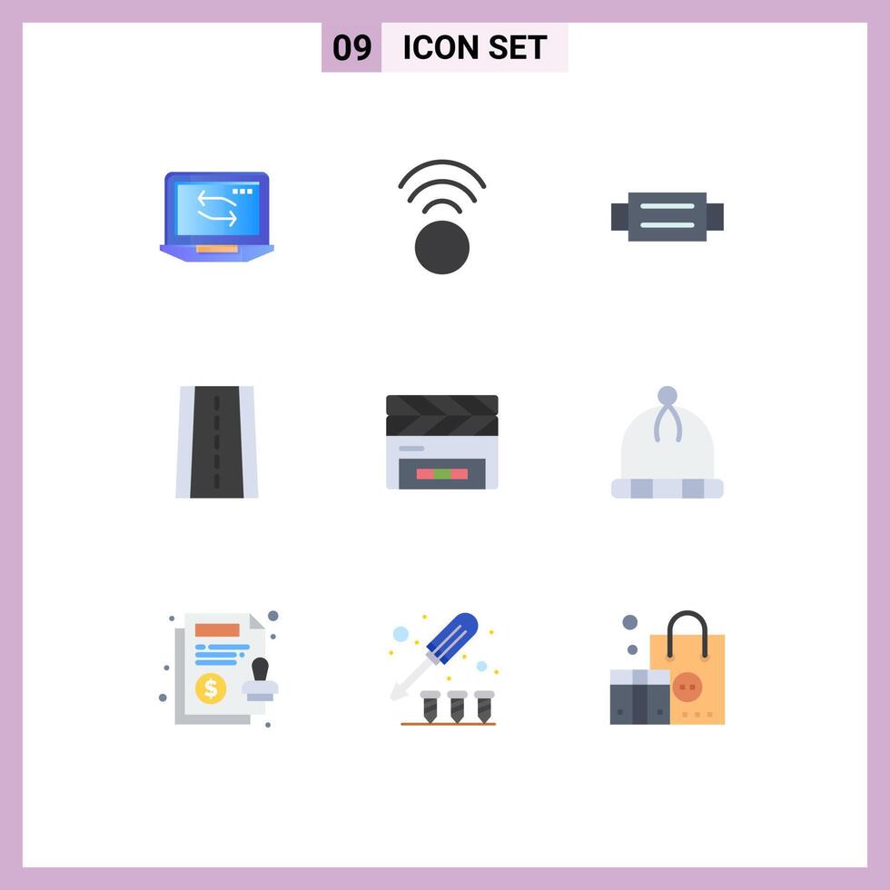 Flat Color Pack of 9 Universal Symbols of film flap clapper belt clapboard road Editable element Design Elements vector
