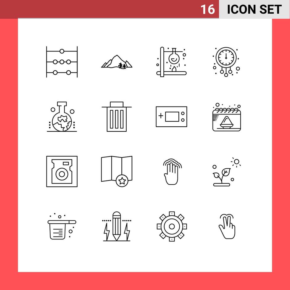 Pack of 16 Modern Outlines Signs and Symbols for Web Print Media such as watch new year chemical midnight science Editable element Design Elements vector
