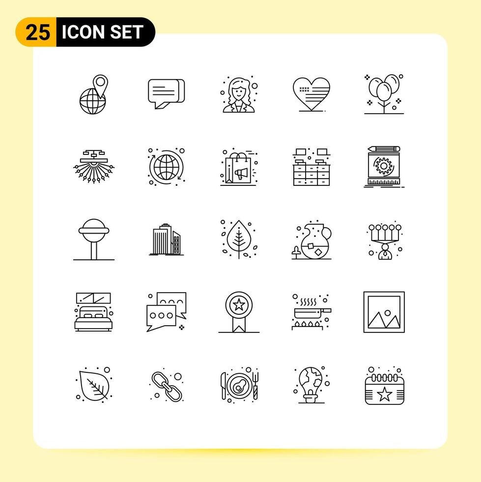 25 User Interface Line Pack of modern Signs and Symbols of decoration balloons mathematician flag love Editable element Design Elements vector