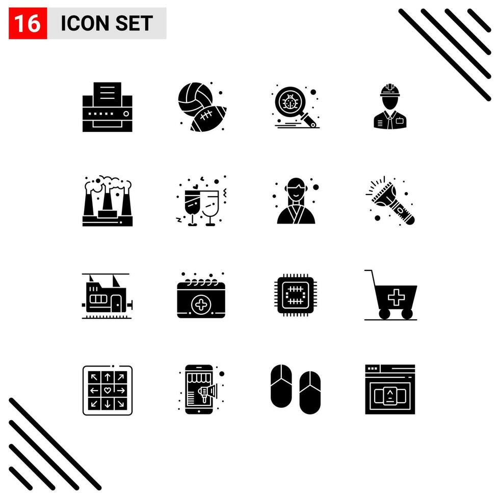 Pack of 16 Modern Solid Glyphs Signs and Symbols for Web Print Media such as factory labour scan constructor industry Editable element Design Elements vector