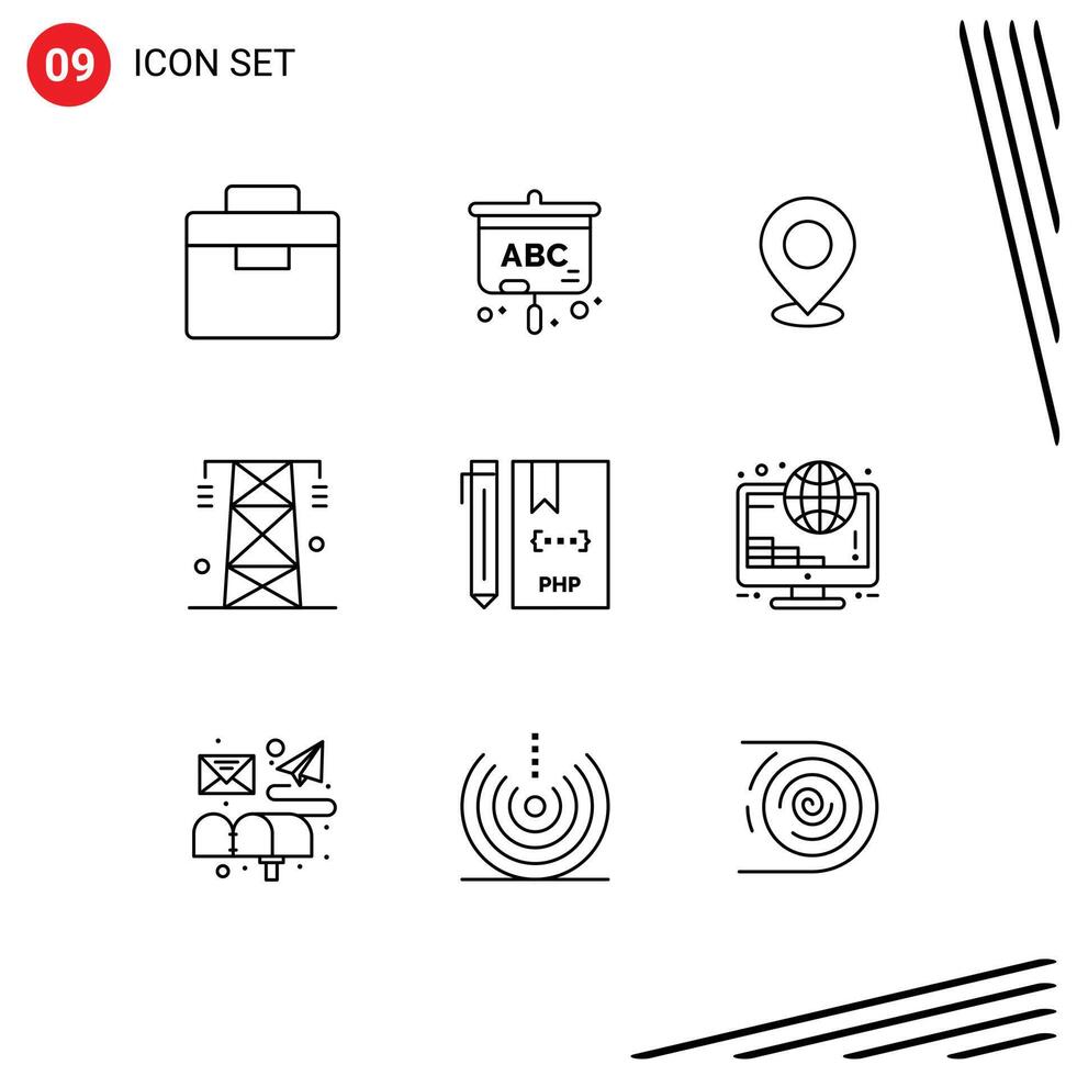 Editable element Line Pack of 9 Simple Outlines of line electricity map pointer place Editable element Design Elements vector