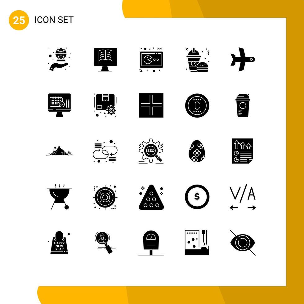 25 Universal Solid Glyphs Set for Web and Mobile Applications takeoff frappe game burger fast food Editable element Design Elements vector
