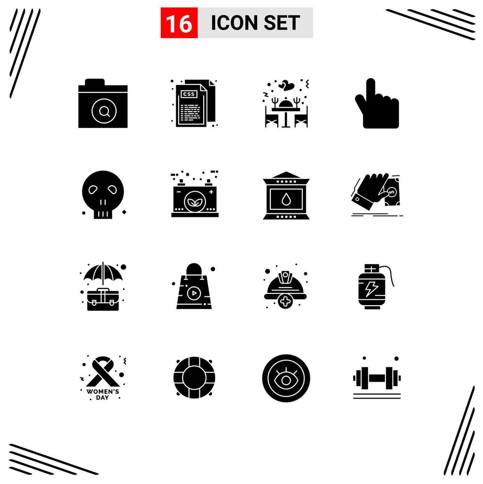 Pack of 16 creative Solid Glyphs of skull head love bones forefinger Editable element Design Elements vector