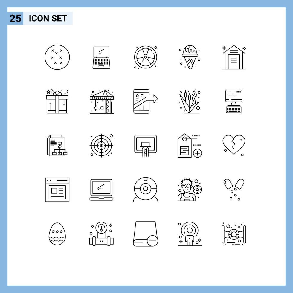 25 Thematic element Lines and Editable Symbols of storehouse shopping fire e commerce ice cream Editable element Design Elements vector