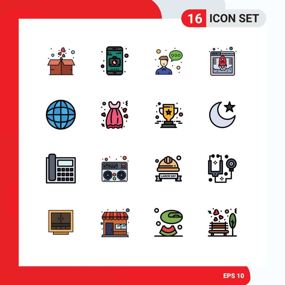 16 Universal Flat Color Filled Lines Set for Web and Mobile Applications earth biology employee web hosting database Editable Creative element Design Elements vector