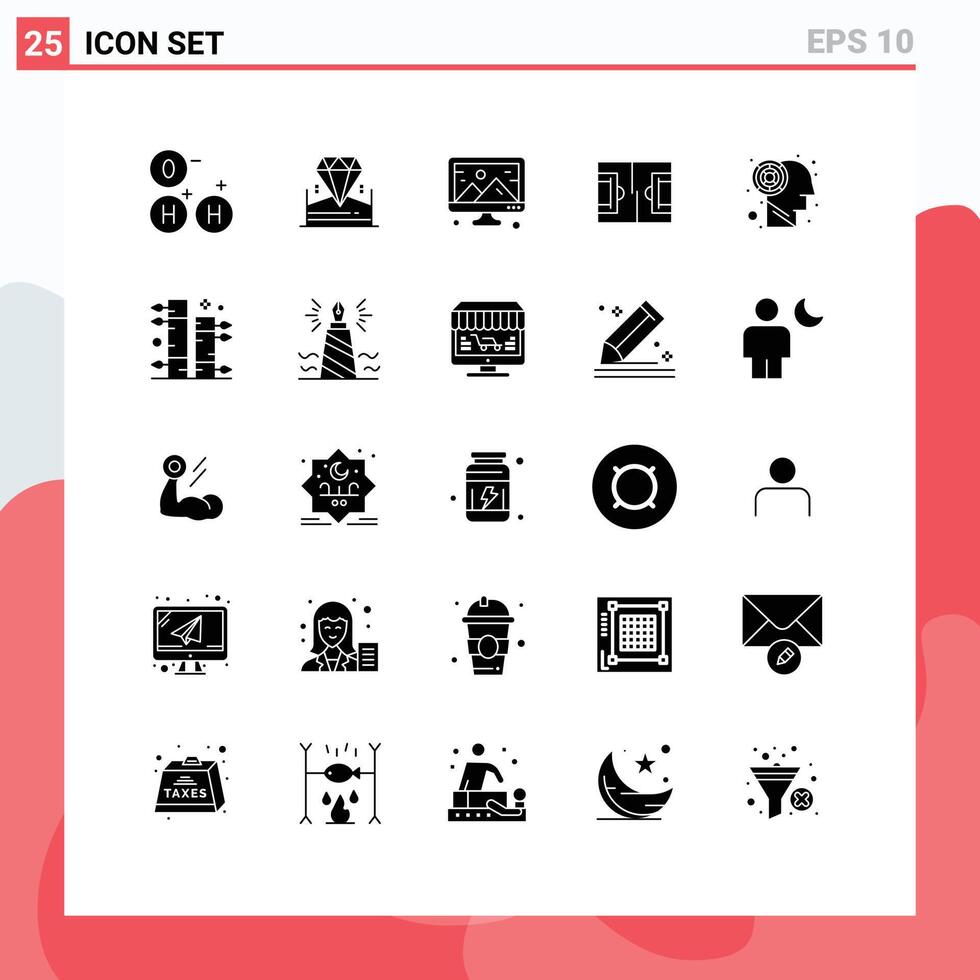 Pack of 25 Modern Solid Glyphs Signs and Symbols for Web Print Media such as brain labyrinth image soccer field Editable element Design Elements vector