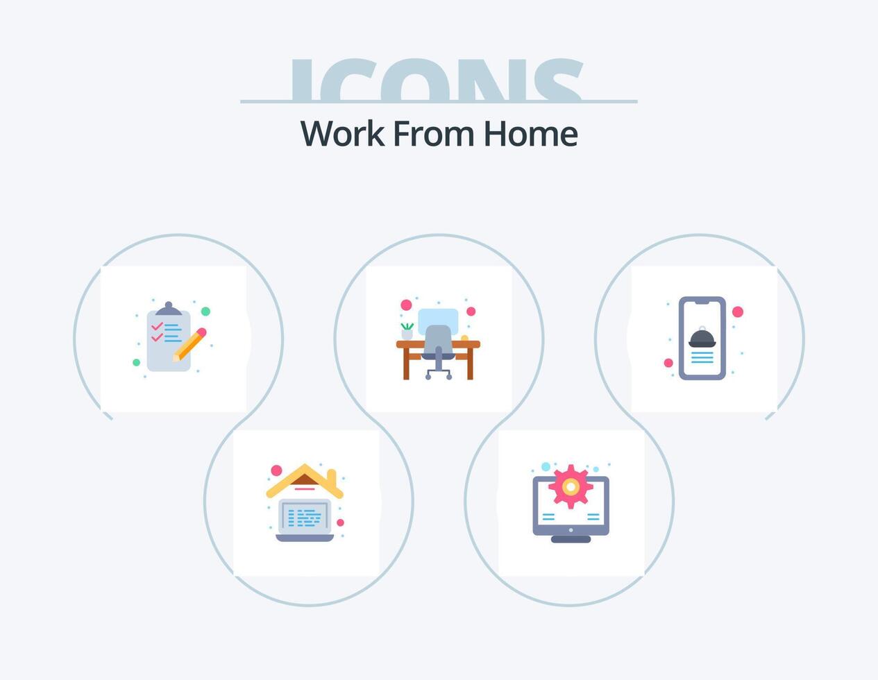 Work From Home Flat Icon Pack 5 Icon Design online workplace checklist working area table vector