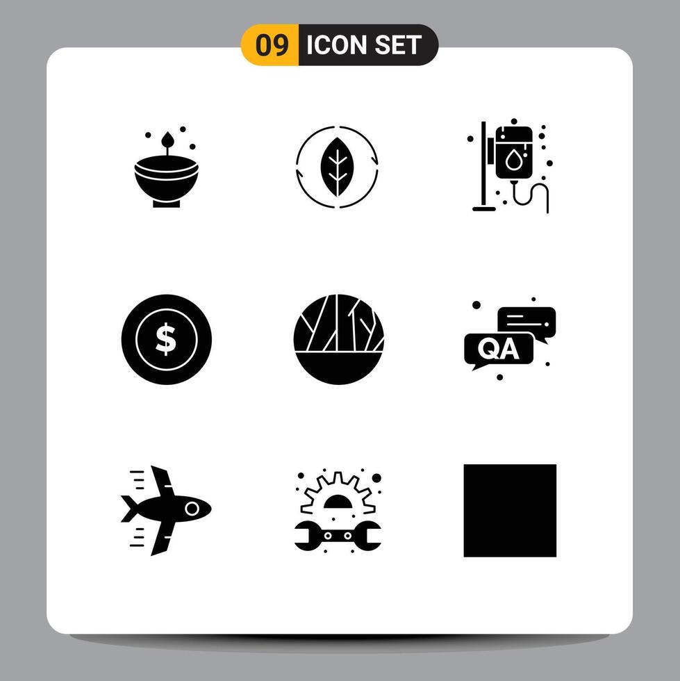 Modern Set of 9 Solid Glyphs Pictograph of global dollar coin green pharmacy health Editable element Design Elements vector