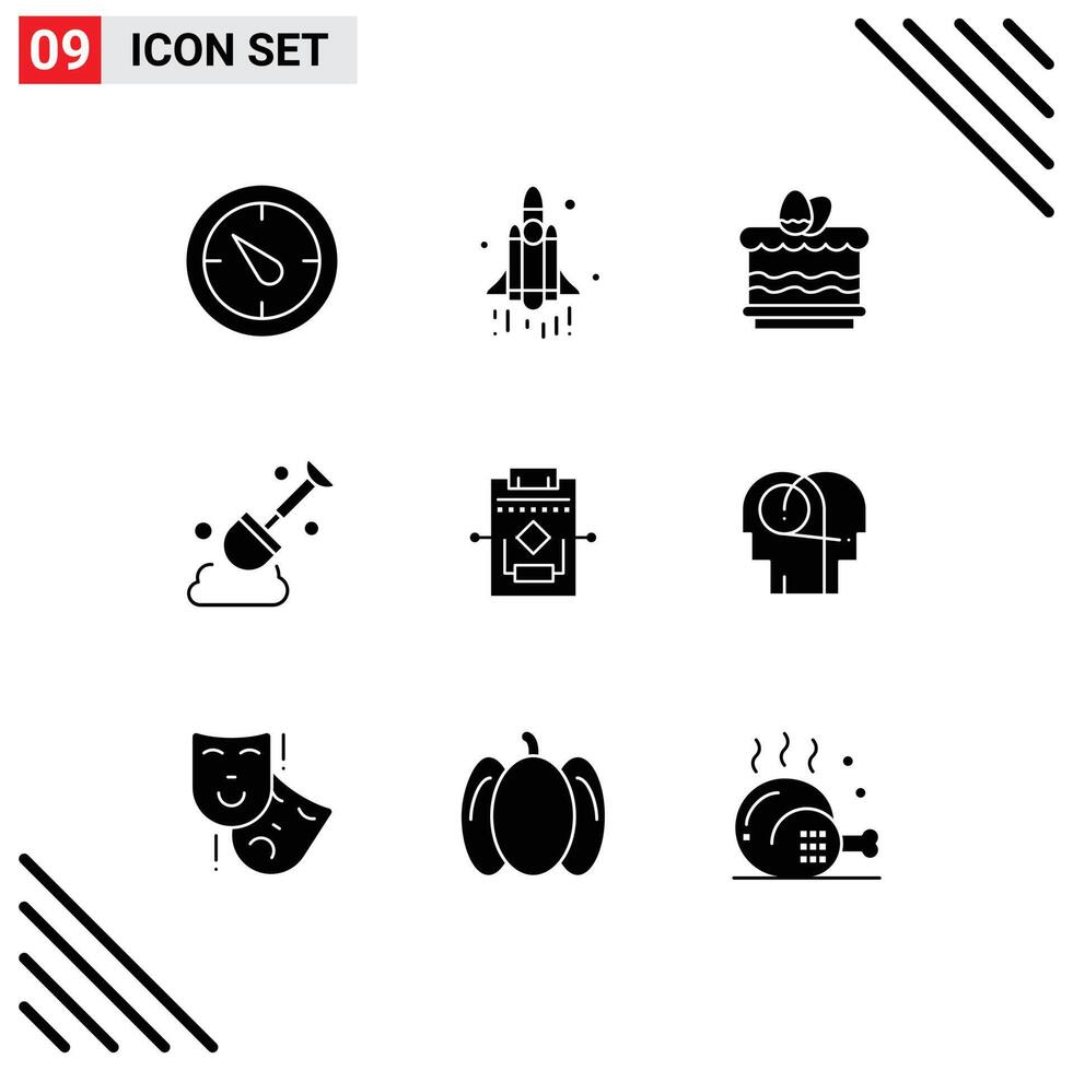 9 Solid Glyph concept for Websites Mobile and Apps settings network easter workflow shovel Editable element Design Elements vector