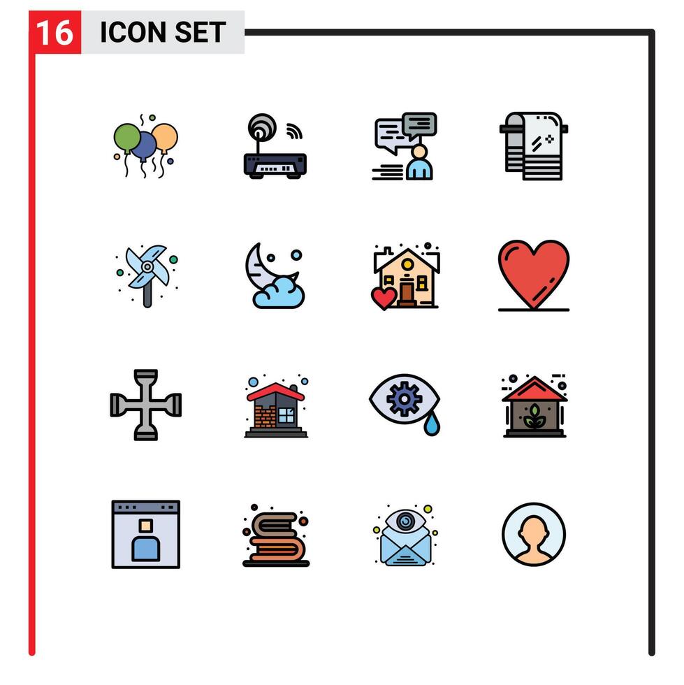 Mobile Interface Flat Color Filled Line Set of 16 Pictograms of toy towel chat dry man Editable Creative element Design Elements vector