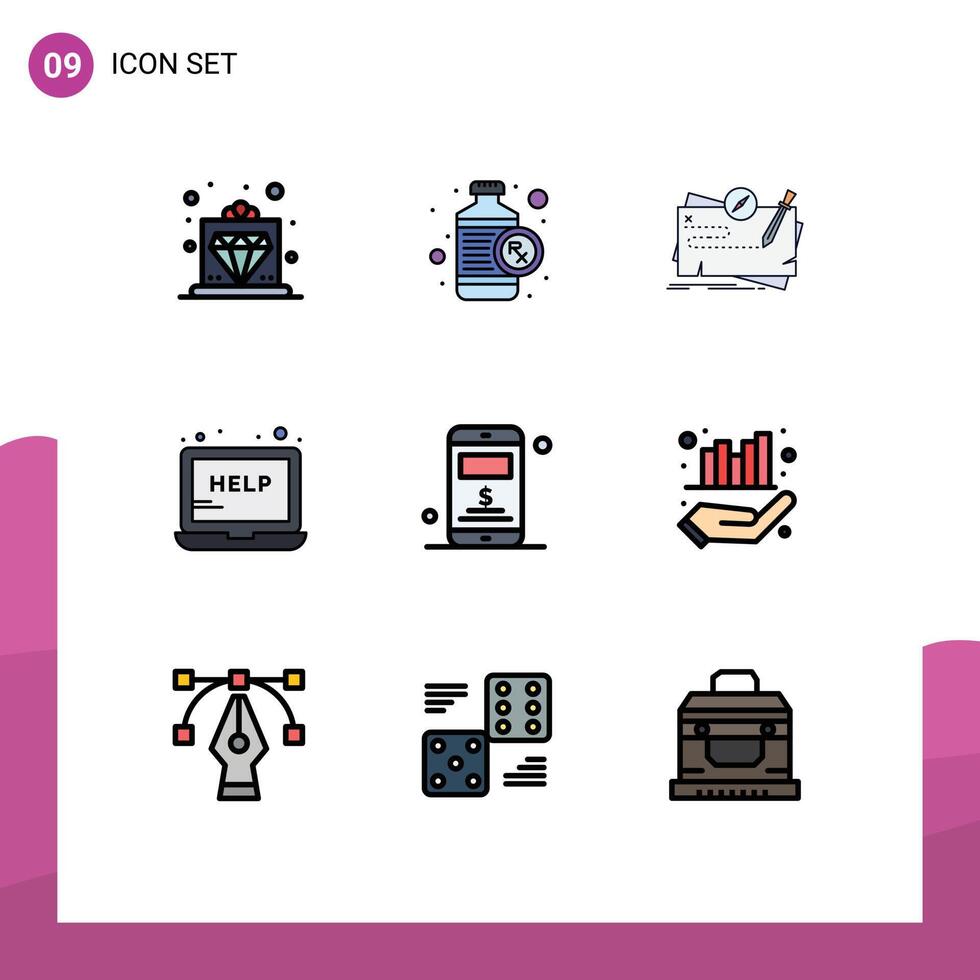 9 Universal Filledline Flat Color Signs Symbols of mobile service game laptop role Editable element Design Elements vector