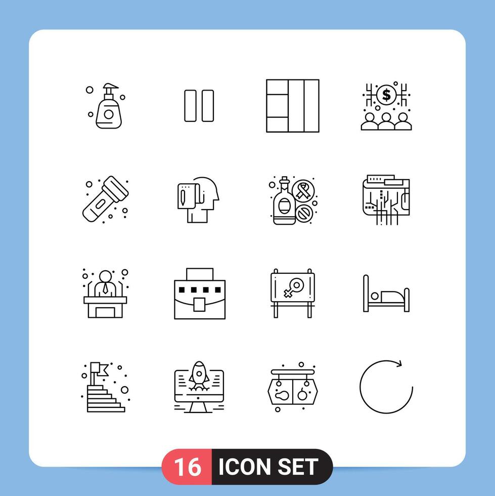 Pack of 16 Modern Outlines Signs and Symbols for Web Print Media such as torch flashlight grid camping economist Editable element Design Elements vector