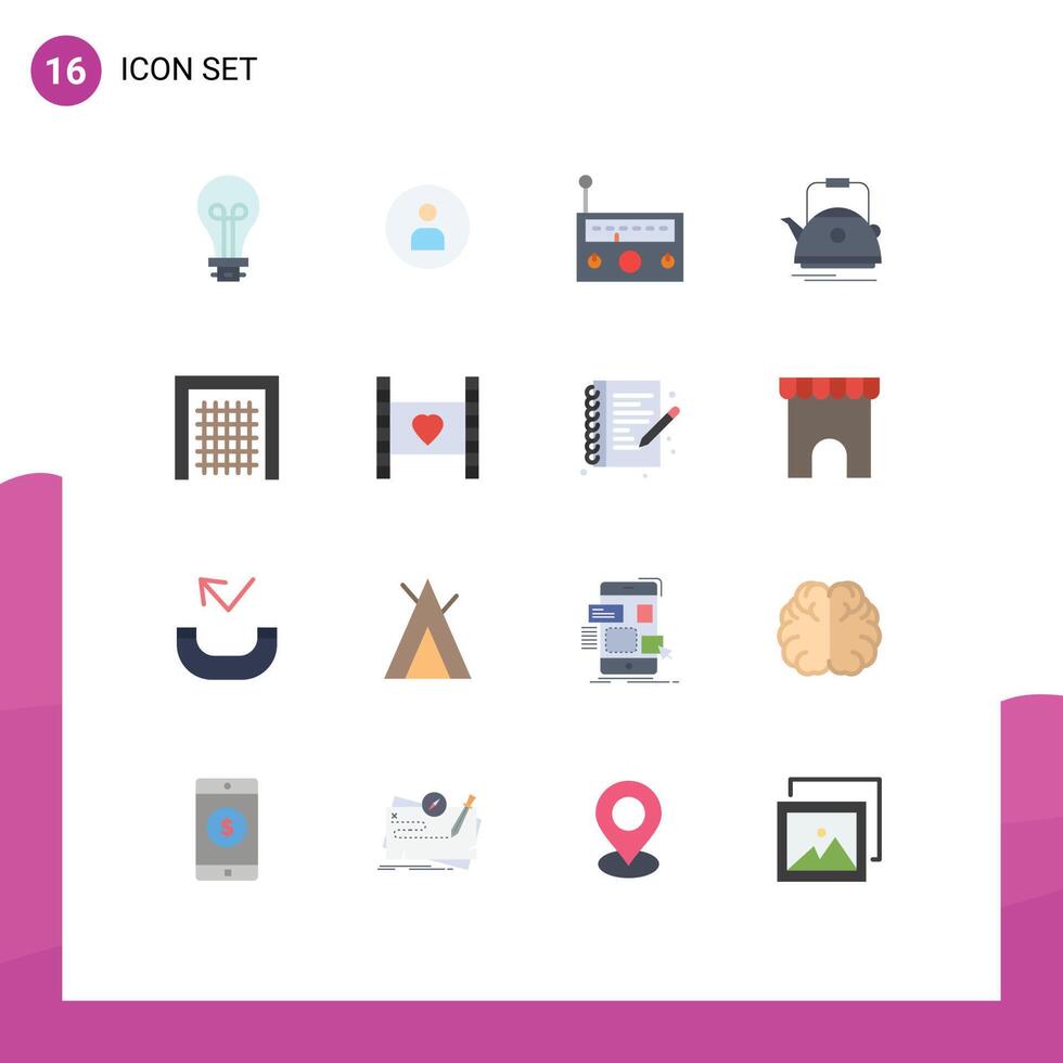 Flat Color Pack of 16 Universal Symbols of gate camping device teapot tea Editable Pack of Creative element Design Elements vector