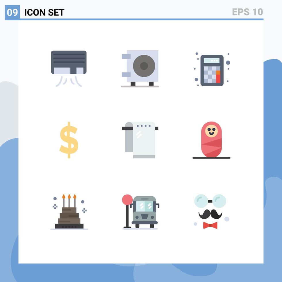 Editable element Line Pack of 9 Simple Flat Colors of child towel math dry money Editable element Design Elements vector