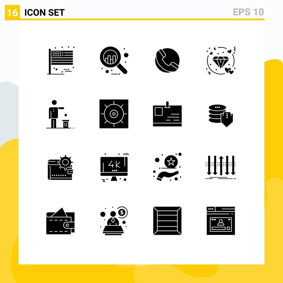 Group of 16 Solid Glyphs Signs and Symbols for recycling idea phone bad love Editable element Design Elements vector