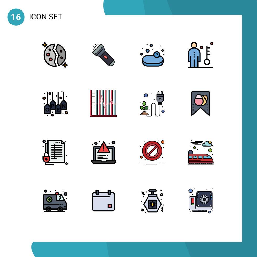 Set of 16 Commercial Flat Color Filled Lines pack for open key flash job employee Editable Creative element Design Elements vector