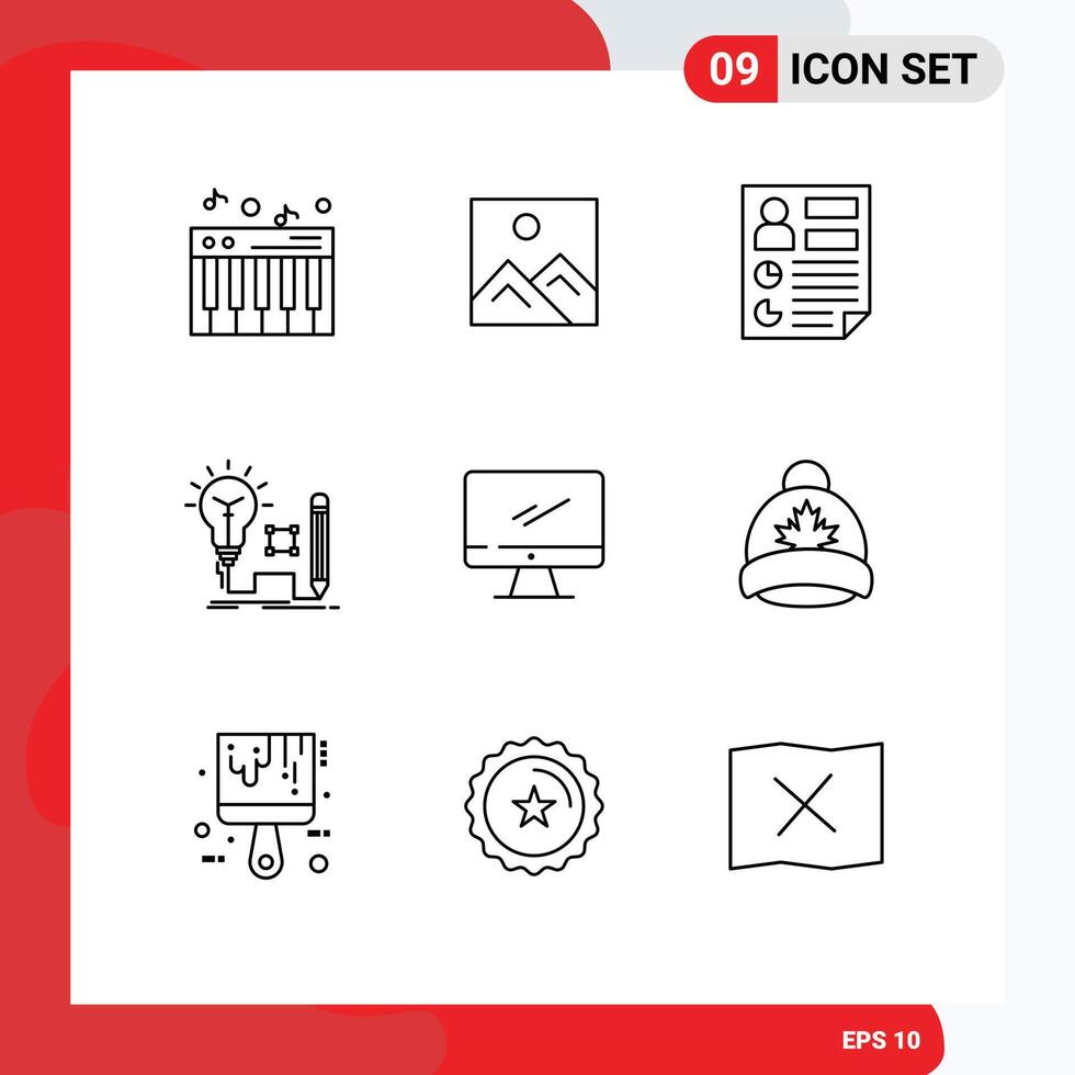 Pictogram Set of 9 Simple Outlines of computer lamp data key idea Editable element Design Elements vector