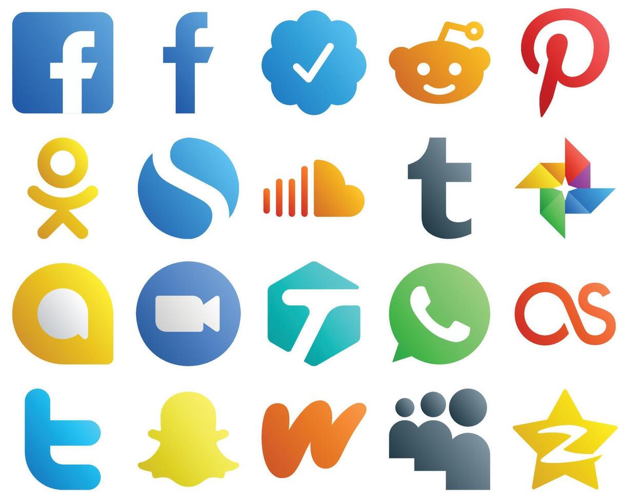 20 High Resolution Gradient Social Media Icons such as soundcloud zoom and google photo icons Creative and professional vector