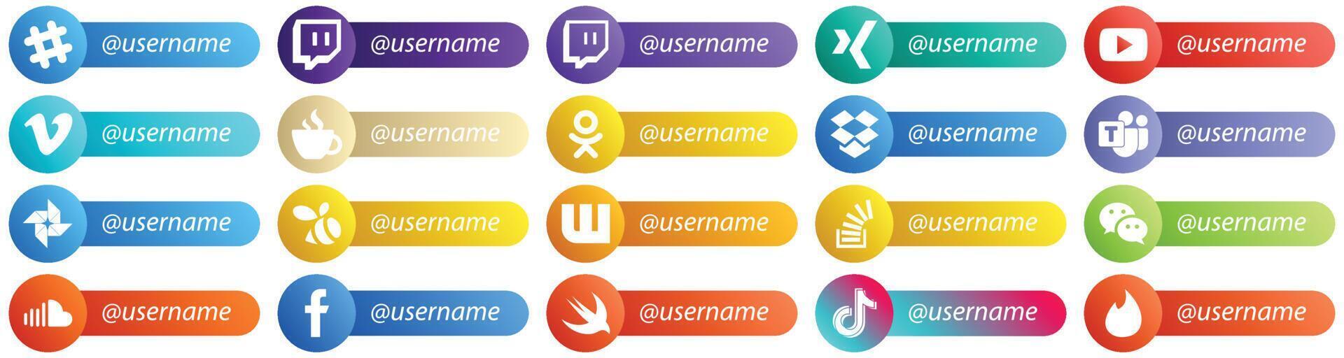 20 Professional Follow me Social Network Platform Card Style Icons such as stockoverflow swarm streaming google photo and microsoft team icons Fully customizable and high quality vector