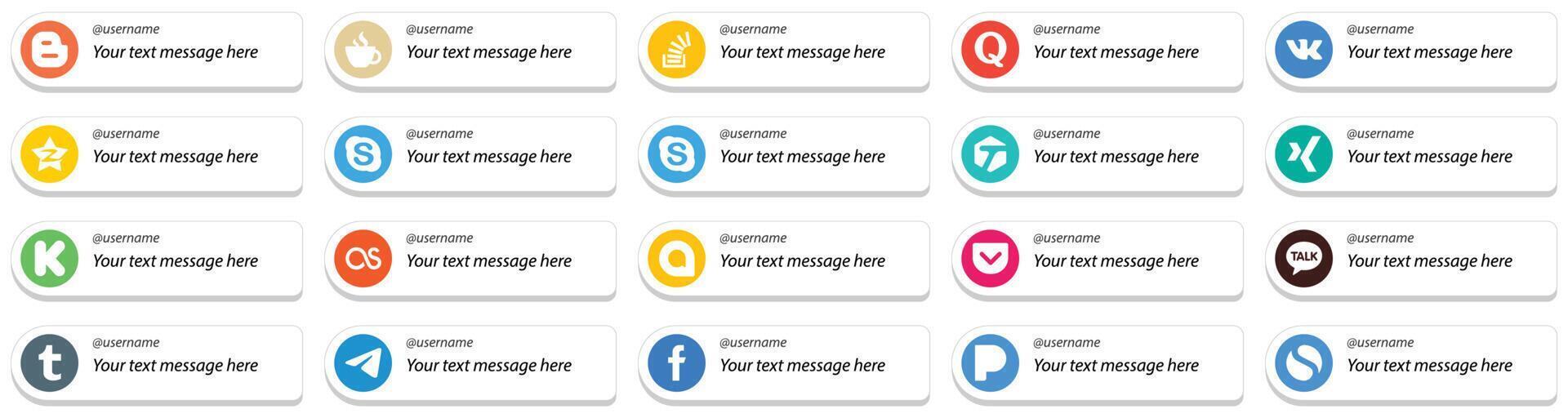 Card Style Social Media Follow Me Icons with Customizable Message 20 pack such as tagged skype overflow and qzone icons High definition and unique vector