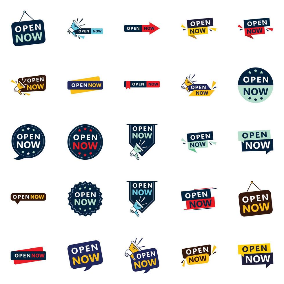 Open now graphics pack 25 customizable designs included vector
