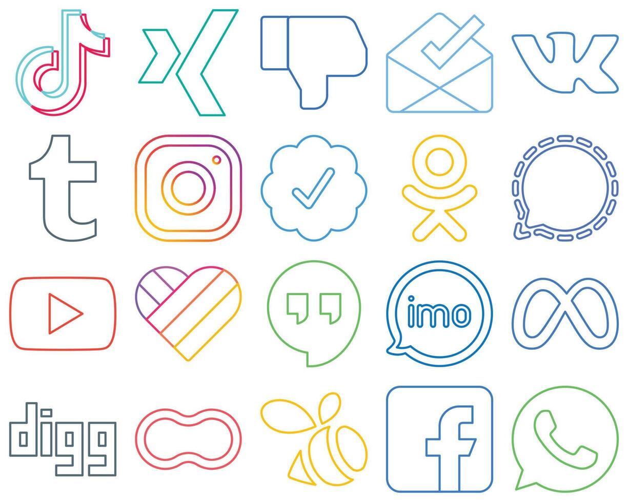 20 Stylish and elegant Colourful Outline Social Media Icons such as mesenger odnoklassniki inbox twitter verified badge and meta High resolution and versatile vector