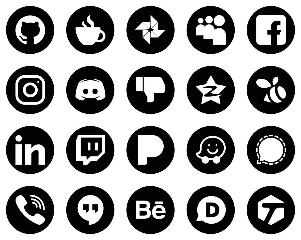 20 Creative White Social Media Icons on Black Background such as facebook text and discord icons Minimalist and customizable vector