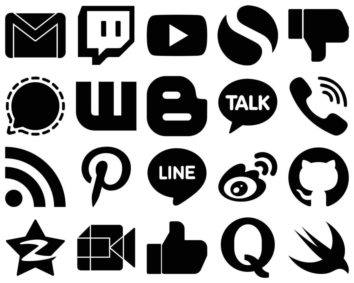 20 Clean Black Solid Glyph Icons such as rakuten kakao talk facebook blog and wattpad icons Modern and minimalist vector