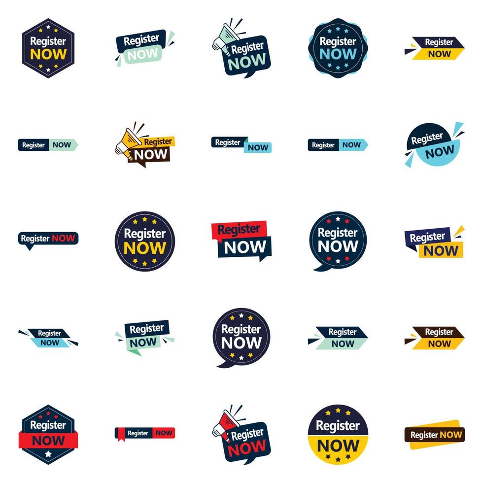 Register Now 25 High quality typographic designs to boost registration vector