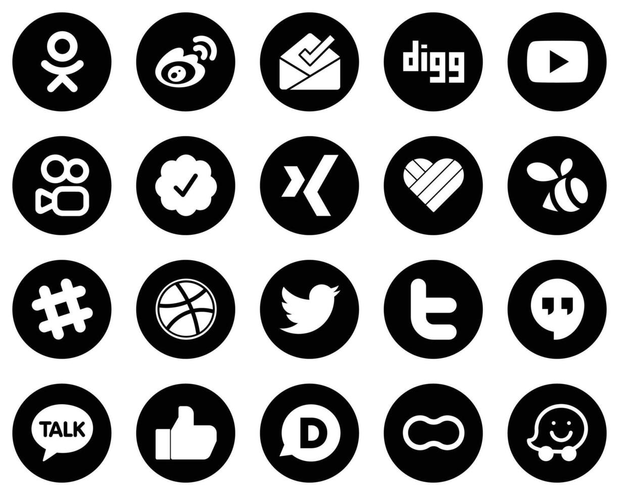 20 Elegant White Social Media Icons on Black Background such as tweet dribbble spotify and likee icons Creative and eye catching vector