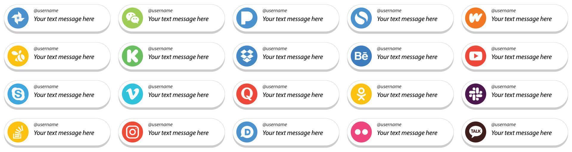 20 Modern Card Style Follow Me Social Media Icons with Custom Message Option such as chat kickstarter skype and youtube icons Minimalist and customizable vector