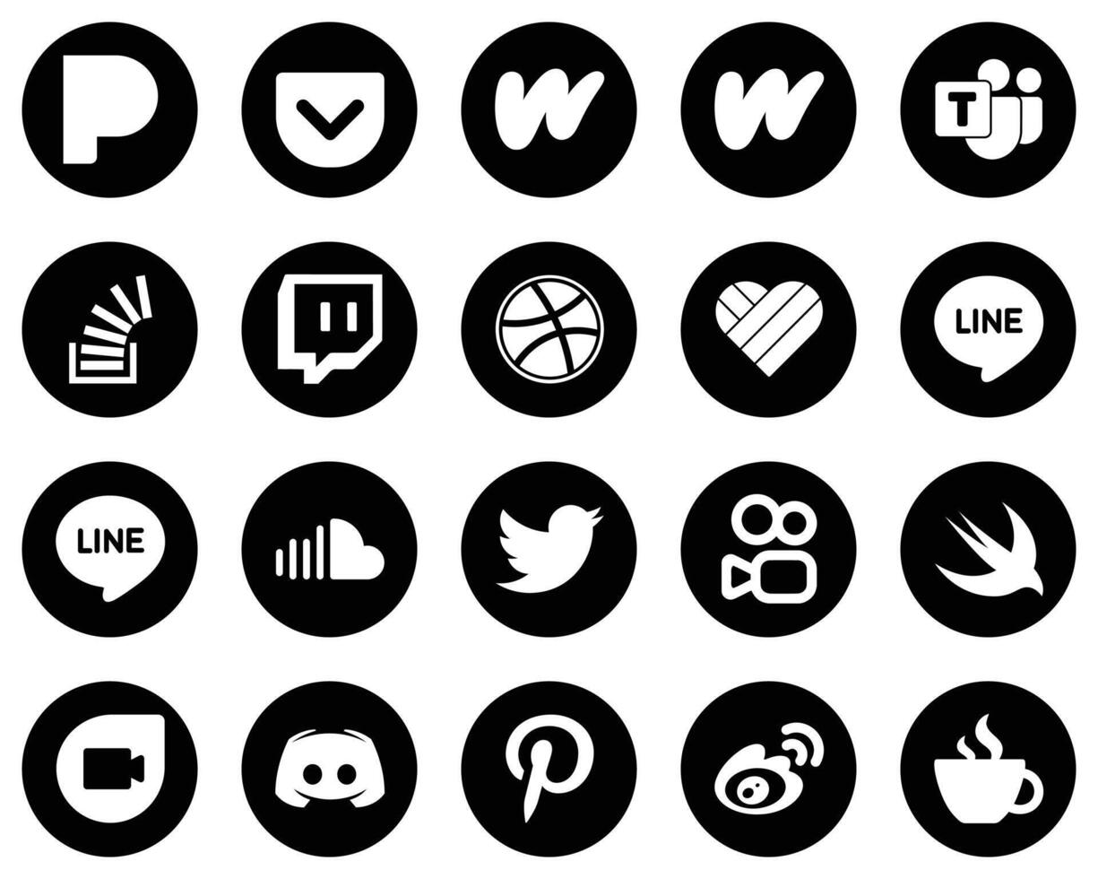 20 Minimalist White Social Media Icons on Black Background such as twitter sound stock soundcloud and likee icons Creative and high resolution vector