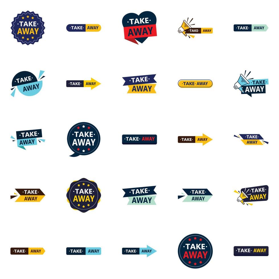 25 Customizable element Designs in the Take Away Bundle Perfect for Food Delivery Service Advertising vector