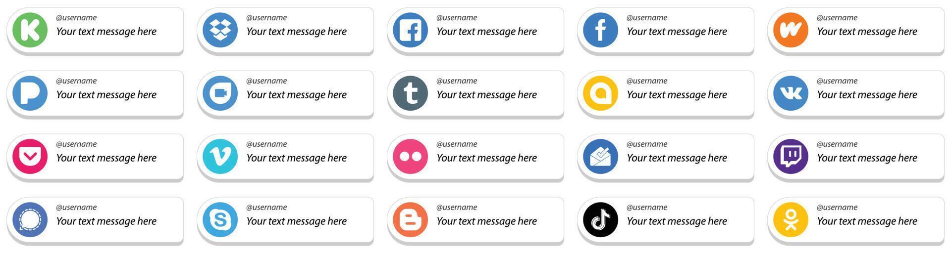 Follow Me Social Media Icons with Customizable Message 20 pack such as yahoo pandora vimeo and vk icons Clean and minimalist vector