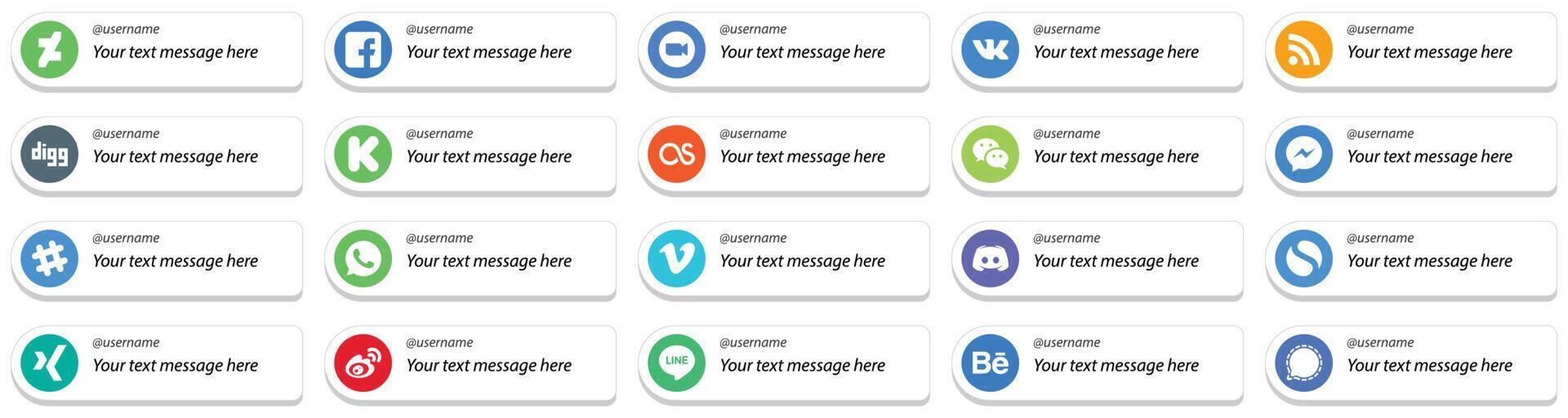 Social Media Platform Card Style Follow Me Icons with Customizable Message 20 pack such as messenger wechat vk lastfm and kickstarter icons High quality and modern vector