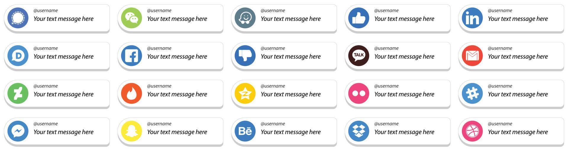 20 Follow Me Social Media Platform Card Style Icons with Custom Message Option such as gmail facebook linkedin dislike and fb icons Versatile and premium vector