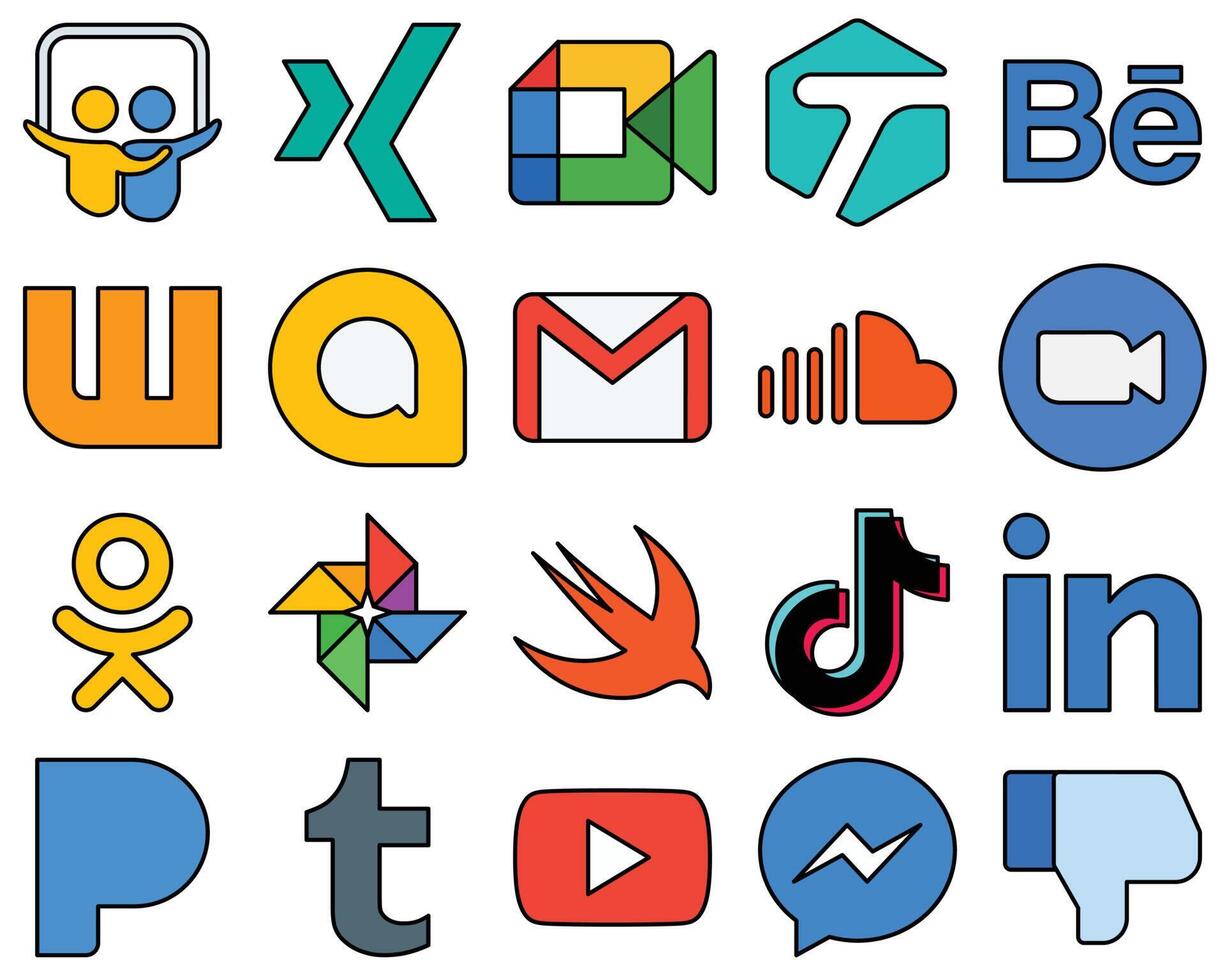 20 Modern Line Filled Social Media Icons such as meeting zoom google allo music and soundcloud Fully editable and innovative vector