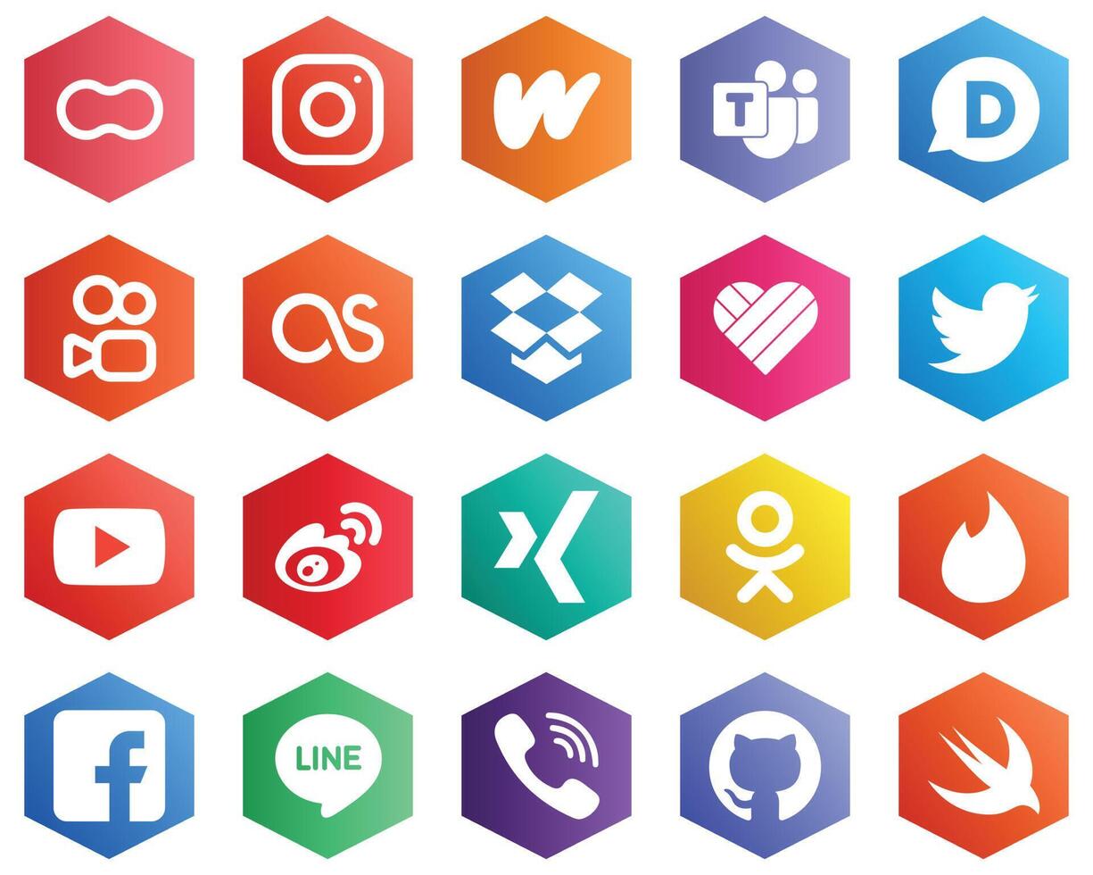 25 Simple White Icons such as youtube twitter microsoft team likee and lastfm icons Hexagon Flat Color Backgrounds vector