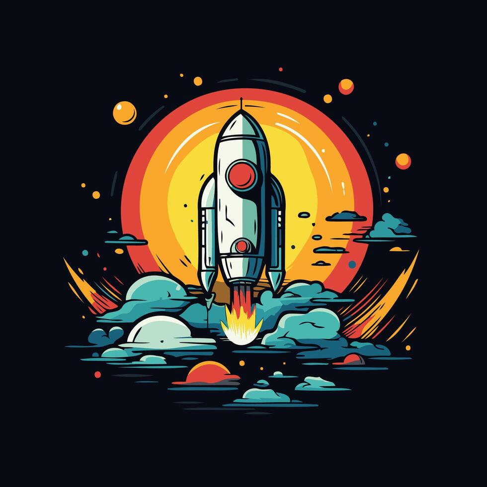 Space rocket launch element illustration on dark background Design element for poster card banner vector