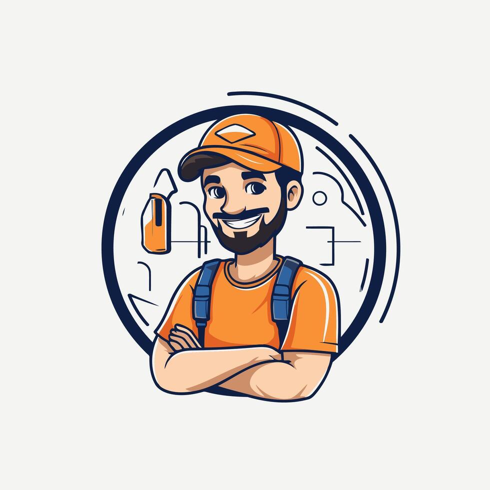 Handyman in overalls and cap with crossed arms element illustration vector