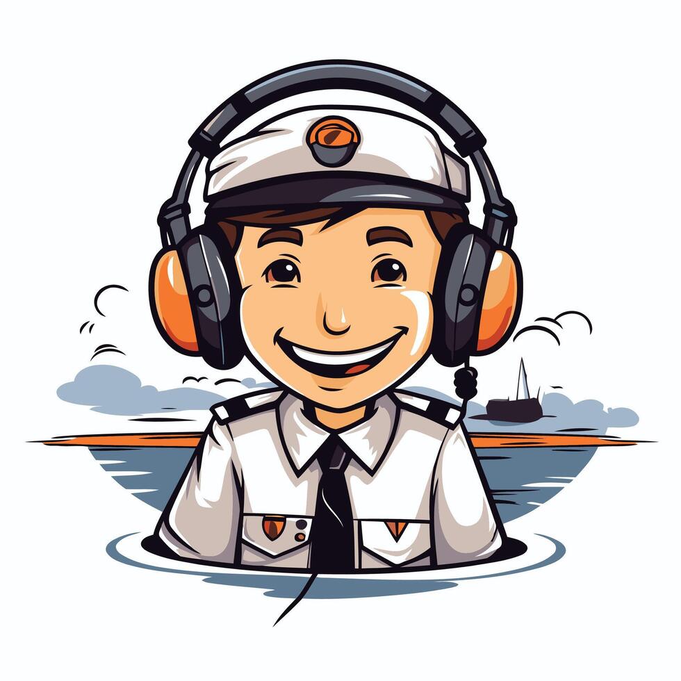 Smiling boy in a pilot's cap with headphones element illustration vector