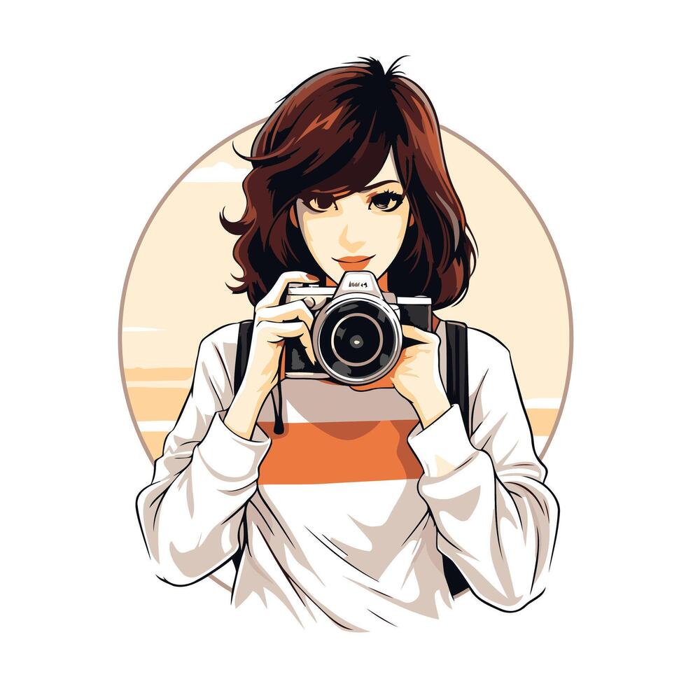 Beautiful girl photographer with camera element illustration in retro style vector