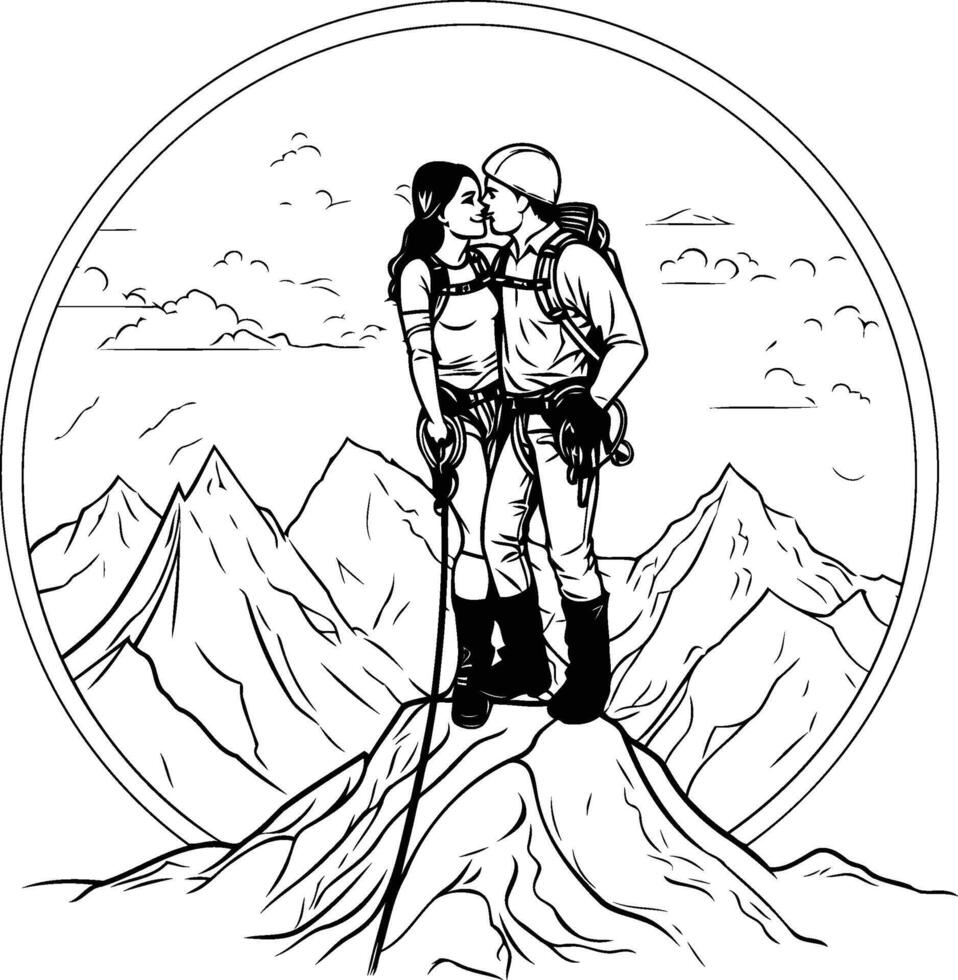 Hiker on top of a mountain element illustration of a man and a woman in the mountains vector