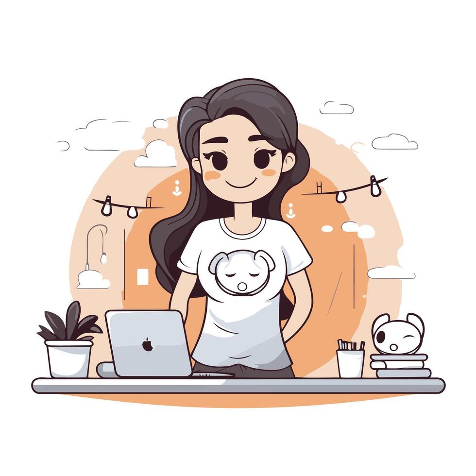 Girl working at home with laptop element illustration in cartoon style vector