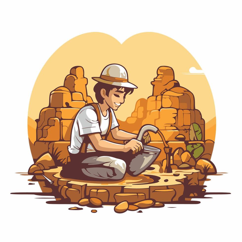 element illustration of a man pouring water from a well in the desert vector