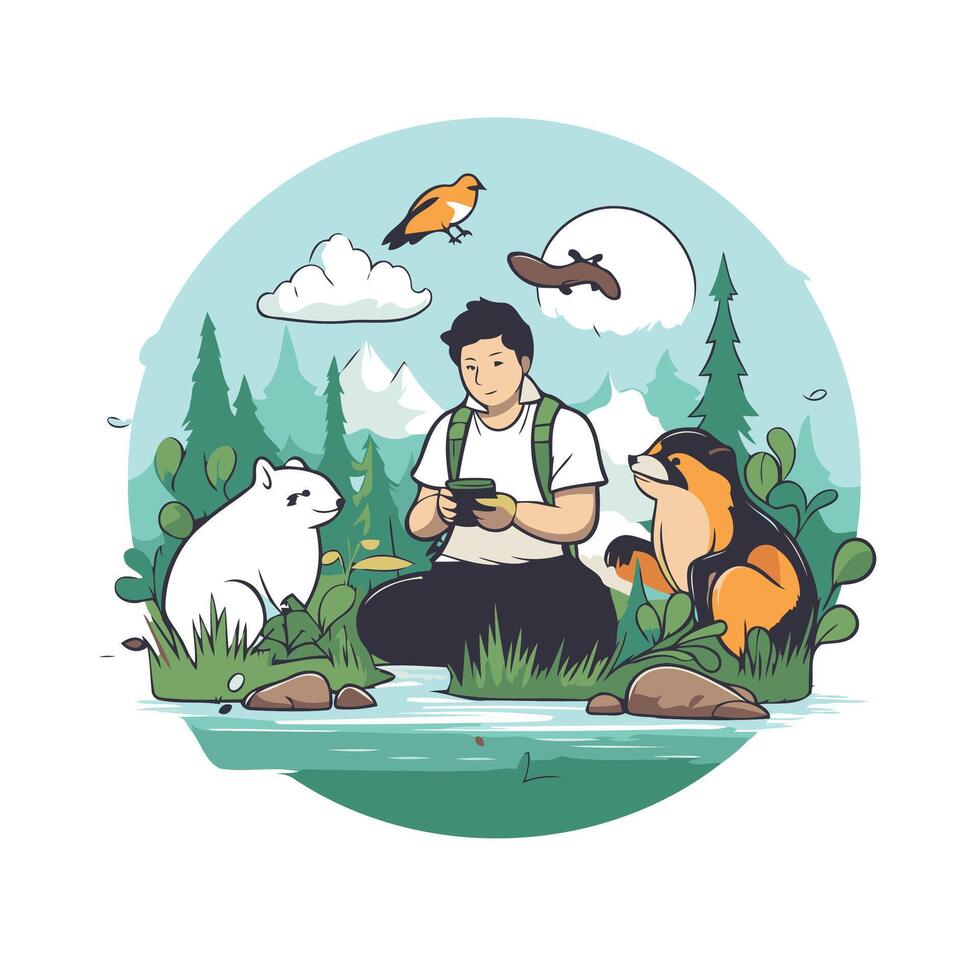 element illustration of a man with a dog and a bird in the forest vector