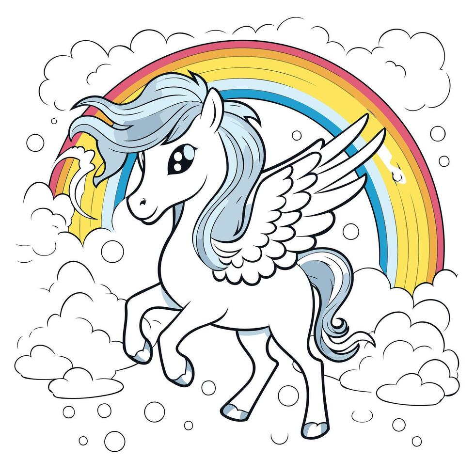 Unicorn in the clouds with rainbow Coloring book for children vector
