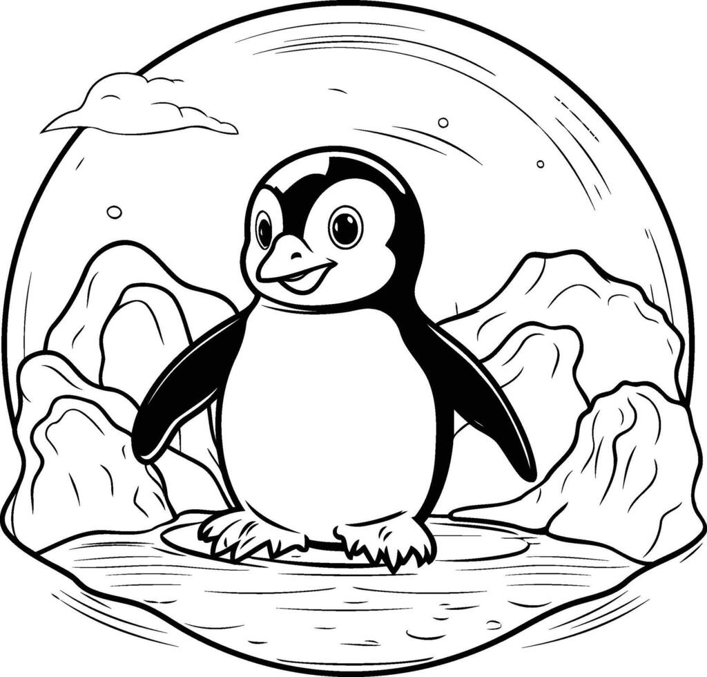 Penguin on the rock black and white illustration vector