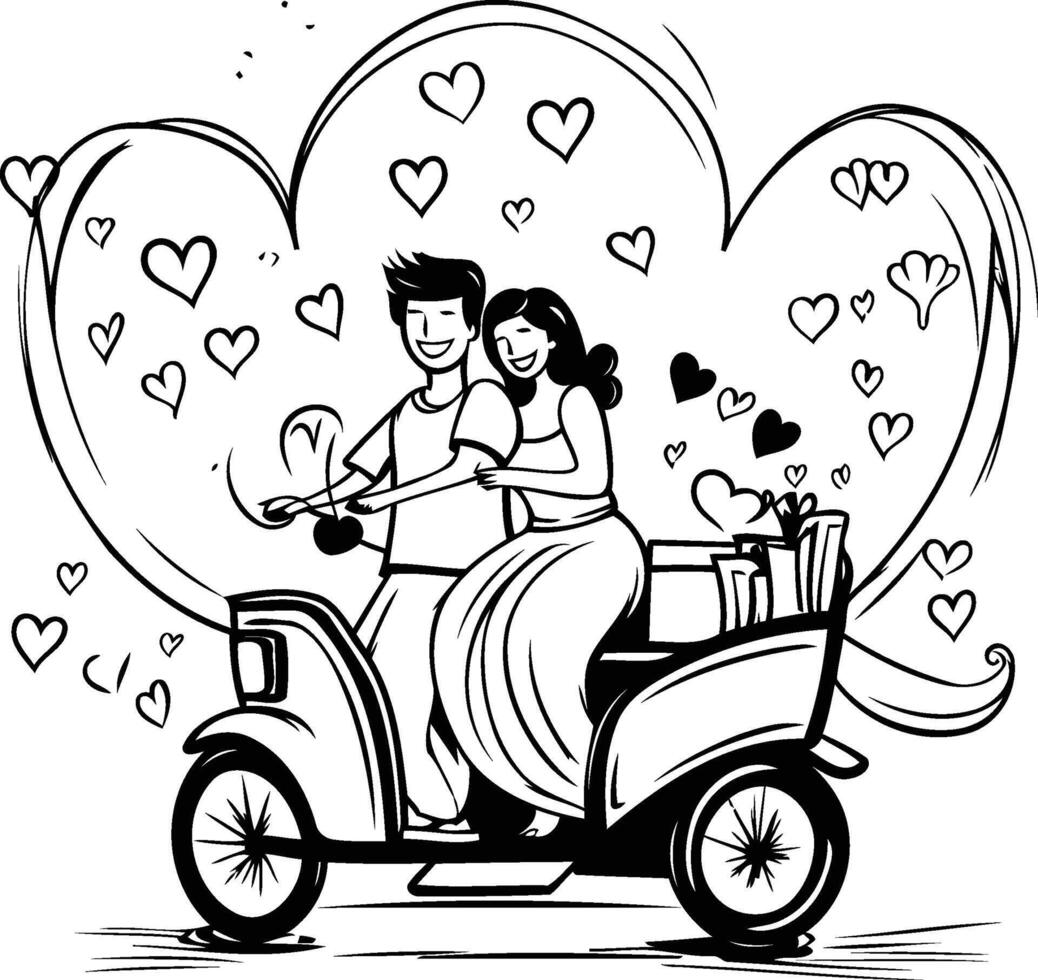 couple in love on a scooter with hearts element illustration vector