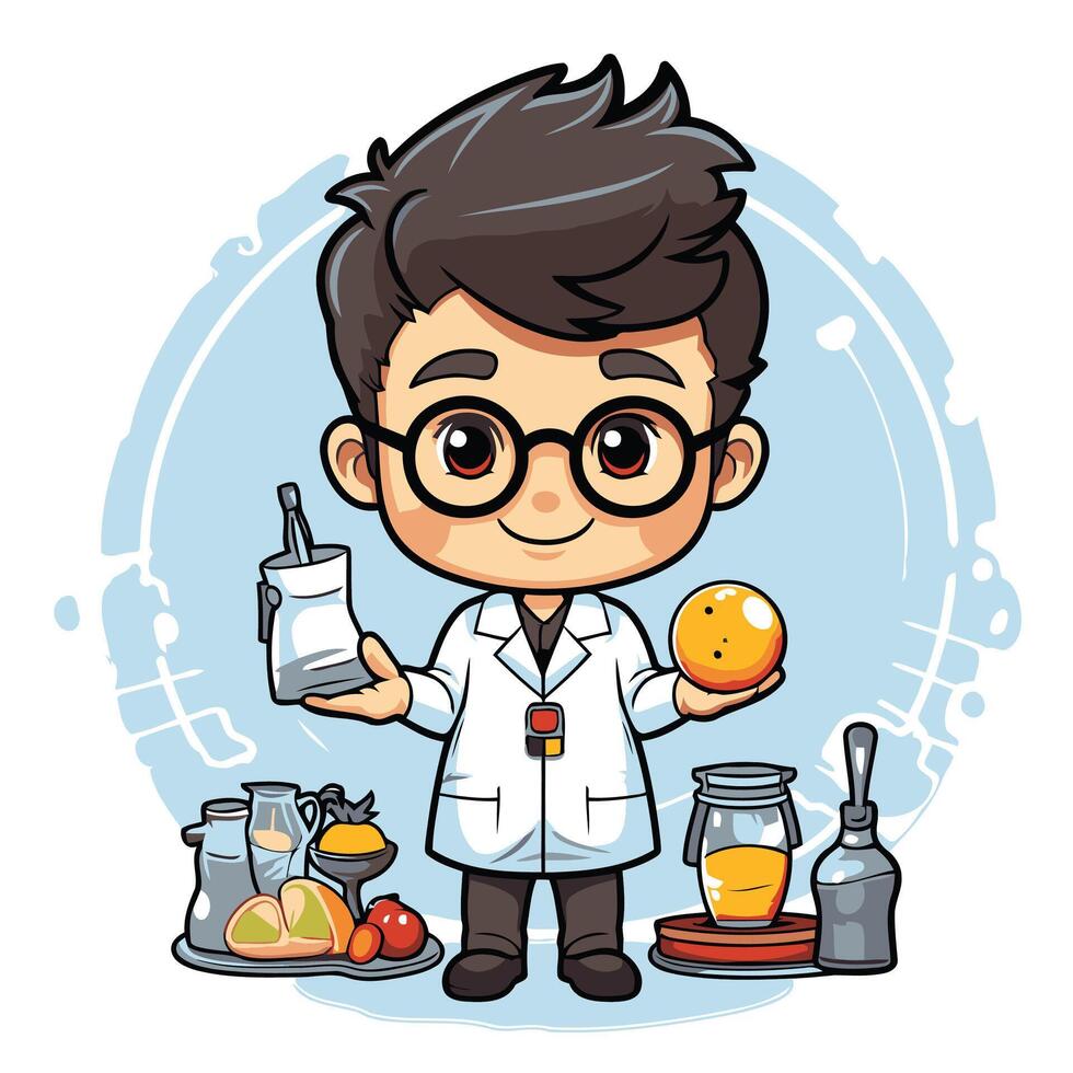 element illustration of a boy in a lab coat holding a mandarin vector